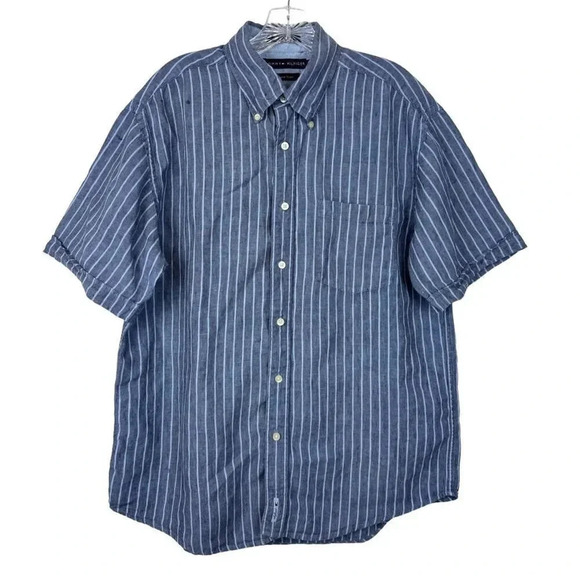 Tommy Hilfiger 100% Linen Striped Button Down Shirt Large Short Sleeve Blue - Picture 1 of 8